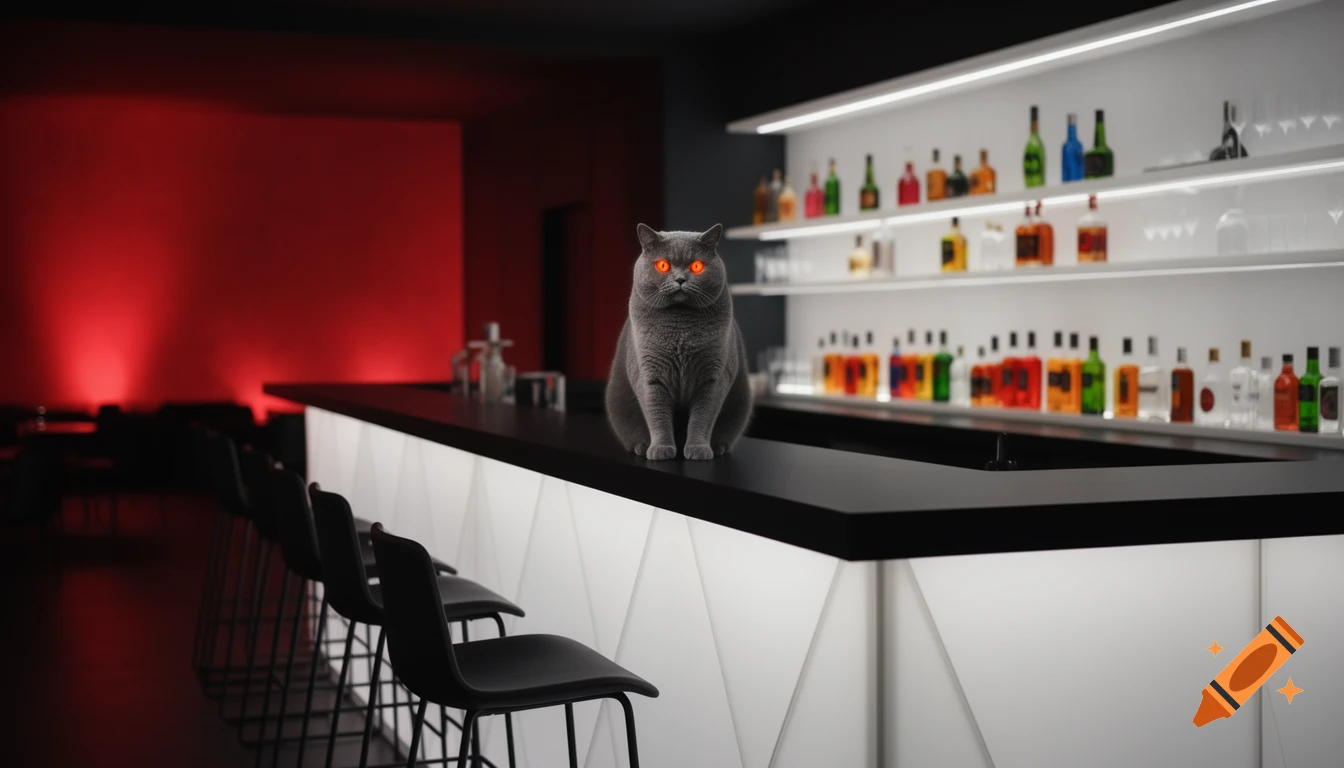 A British Shorthair cat with glowing orange eyes sits on a black bar counter in a modern, dark lounge with red and white lighting.