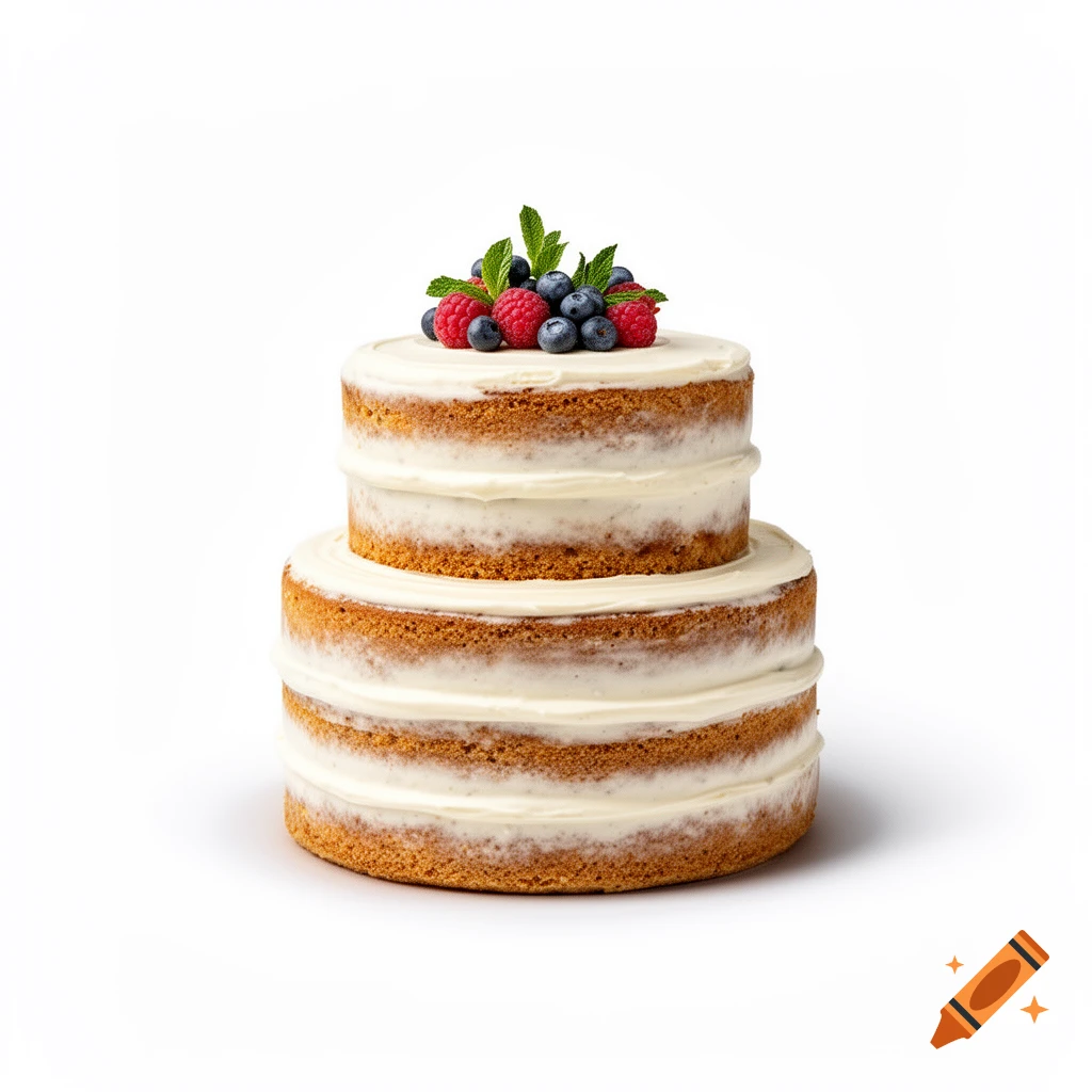 Two-tier naked cake with white frosting, topped with raspberries, blueberries, and mint on a white background.