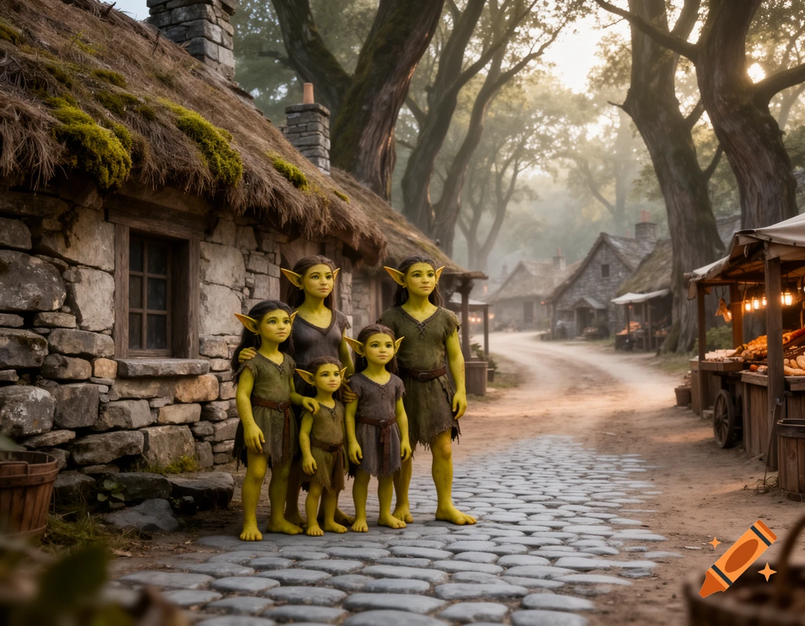 A family of four green-skinned, pointy-eared elves stands on a cobblestone path in a medieval village at dusk.