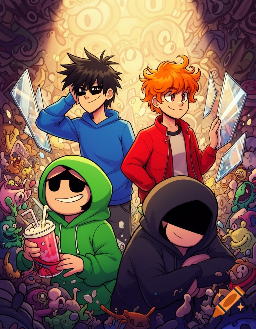 Four Eddsworld characters: Edd (green hoodie, soda), Tom (blue hoodie, dark glasses), Matt (red jacket, orange hair), and Tord (black hoodie), amidst a chaotic doodle background in a vibrant cartoon style.