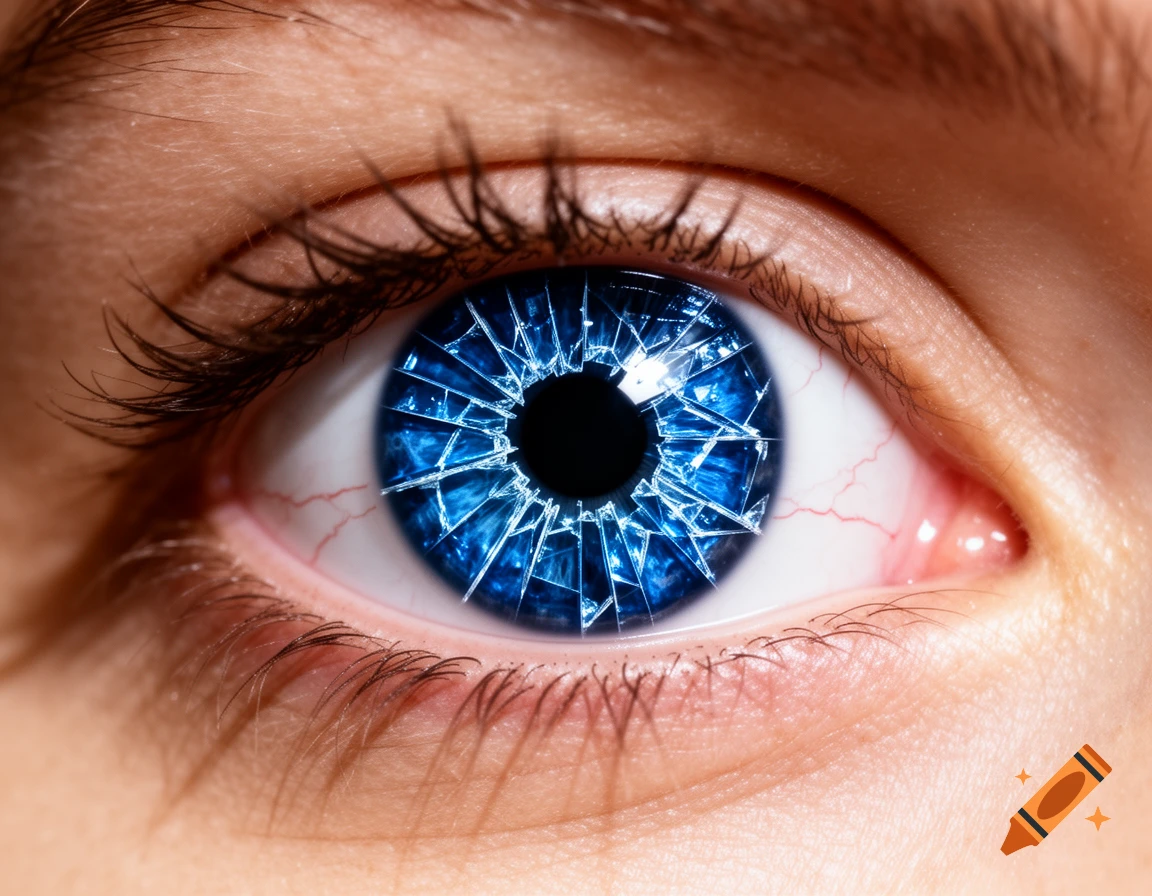 A photorealistic close-up of a human eye with a bright blue iris that appears shattered like broken glass.