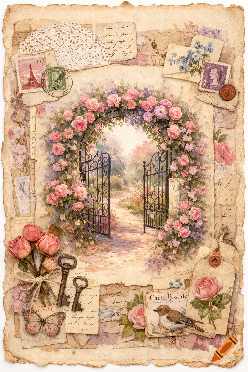 A vintage junk journal page collage featuring a watercolor painting of a romantic rose garden arch with pink and purple roses and an open wrought iron gate. The collage includes aged paper, lace, old handwritten letters, postage stamps, dried roses, and keys.
