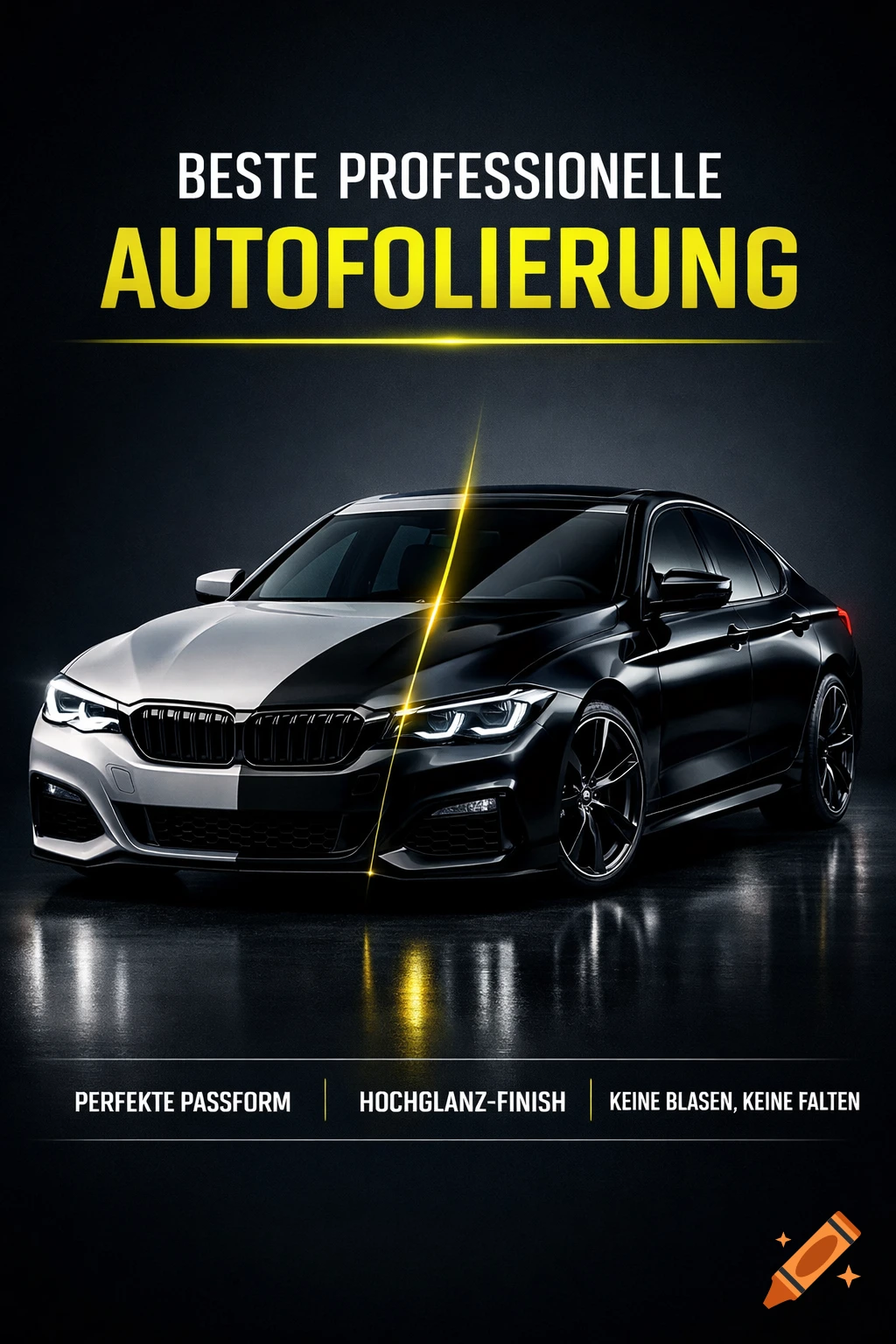 A car, half silver and half black, showcasing a professional car wrapping service with German text.