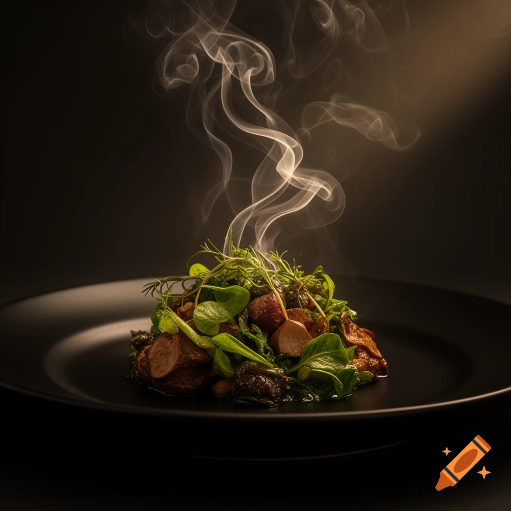 Gourmet dish with greens and meat on a black plate, emitting steam against a dark background.