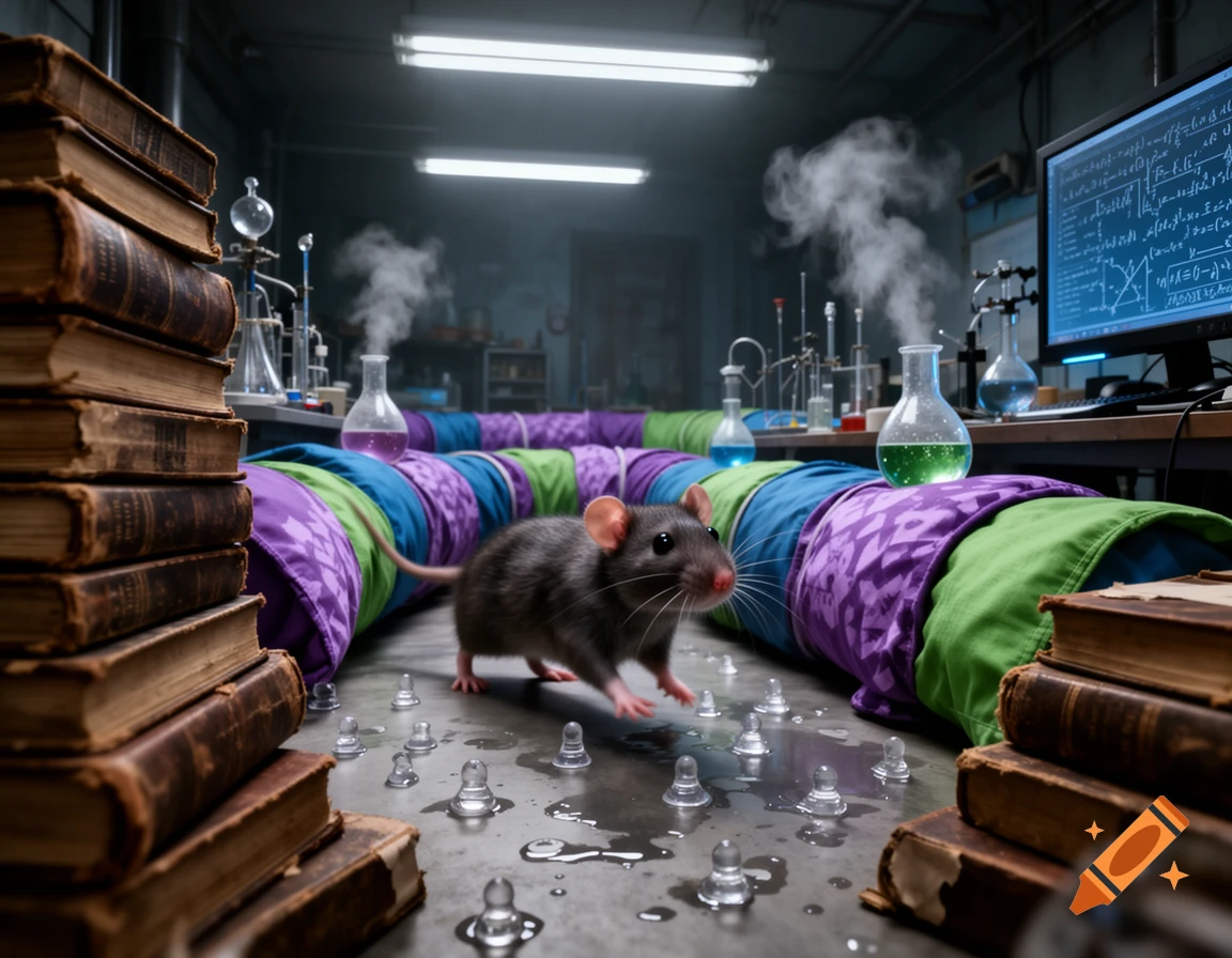 A rat scurries across a wet lab floor with clear nubs, surrounded by colorful fabric tunnels, scientific beakers, and stacks of old books.