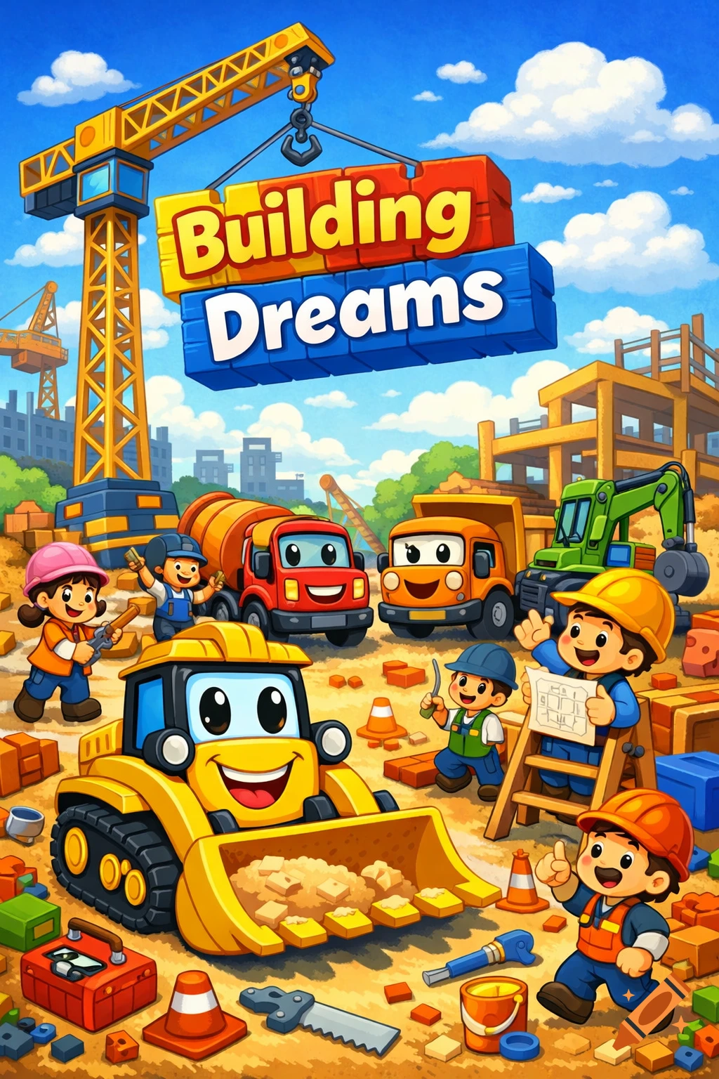 A vibrant cartoon construction site with happy child-like workers and animated construction vehicles, under a sign saying 'Building Dreams'.