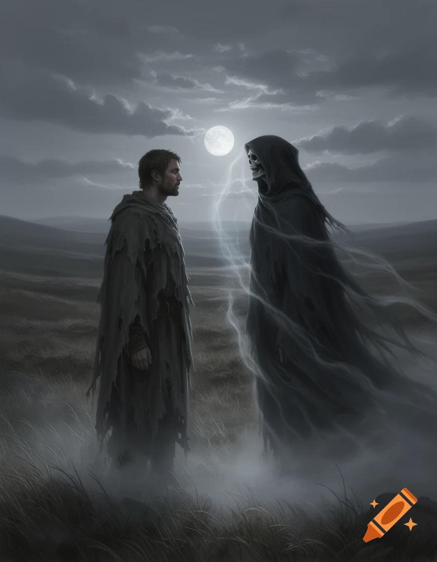 A man in ragged clothes confronts the hooded skeletal figure of Death under a full moon in a misty, dark landscape.