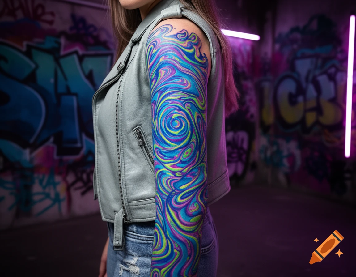 A person's arm with a vibrant, swirling psychedelic full-sleeve tattoo, wearing a grey leather jacket and jeans, against a graffiti wall with neon lights.