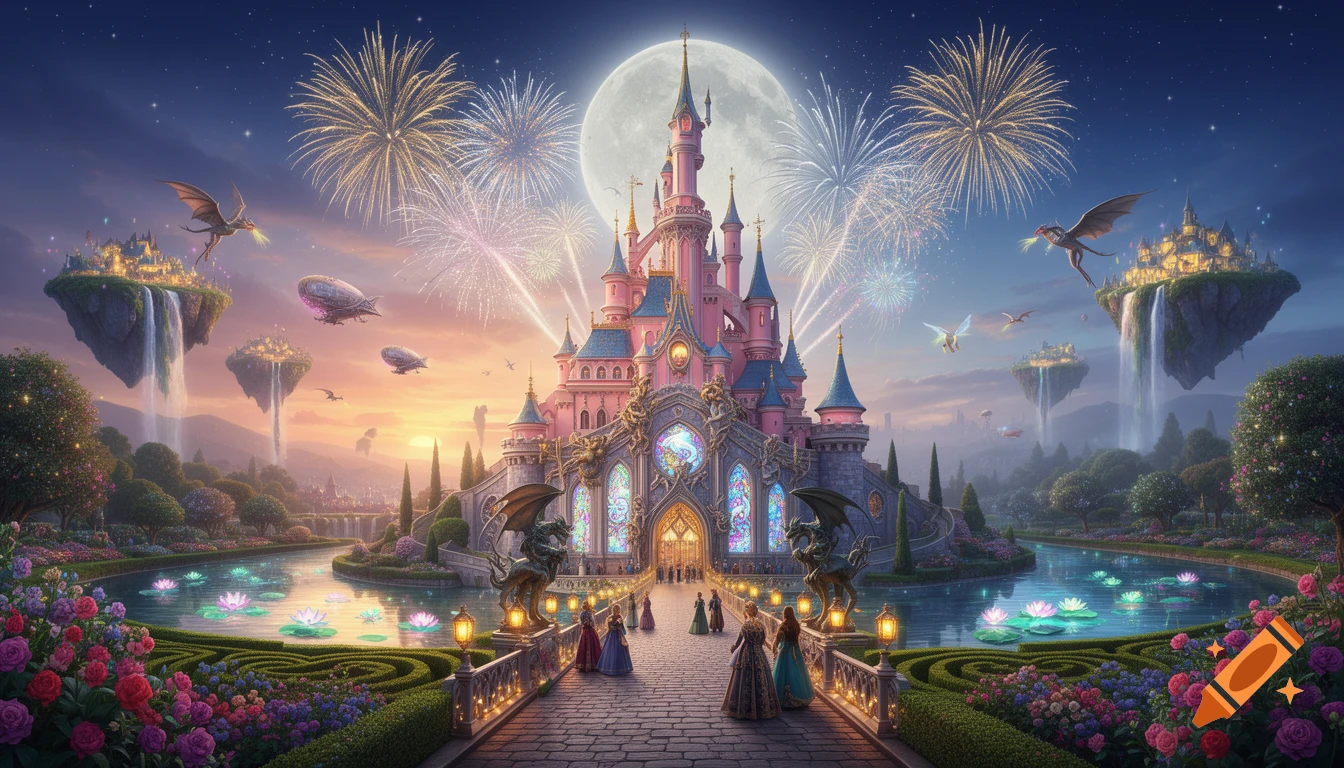 A majestic pink fairytale castle under a full moon and fireworks, surrounded by lush gardens, rivers, floating islands, dragons, and people in fantasy attire.
