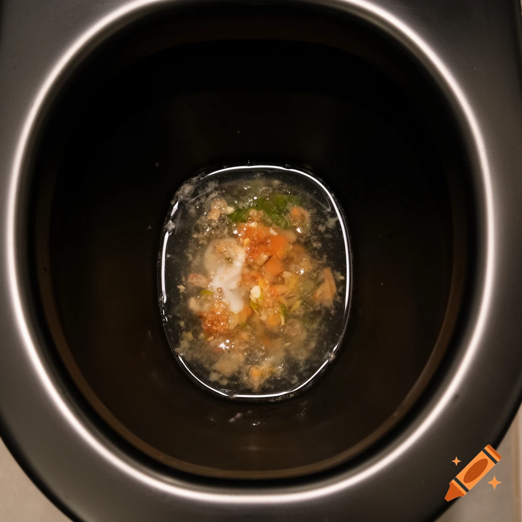 Top-down view of a dark toilet bowl with chunky vomit floating in murky water.
