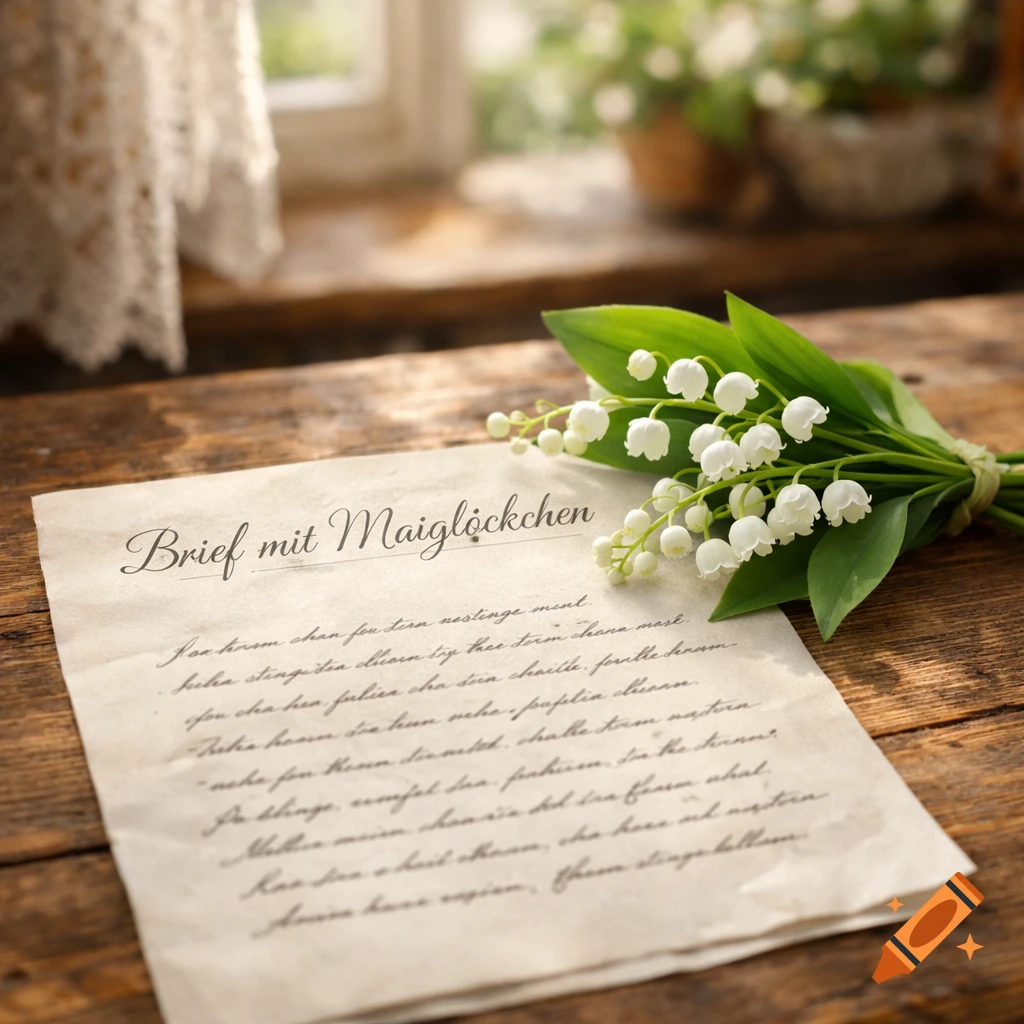 A rustic wooden table holds a vintage letter titled "Brief mit Maiglöckchen" next to a fresh bouquet of white lily of the valley flowers, with a sunlit window in the blurred background. Photorealistic style.