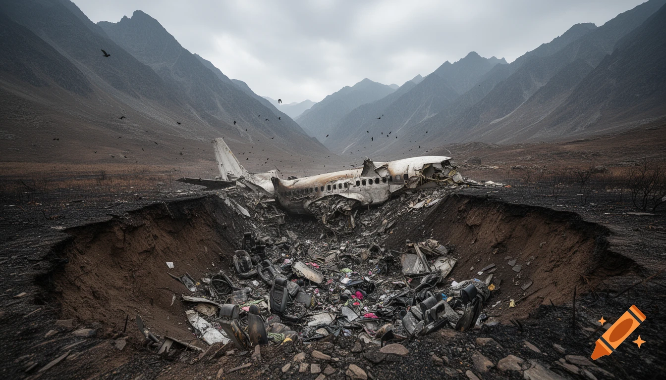 Photorealistic image of a crashed airplane fuselage in a deep crater within a desolate, rocky mountain valley, with scattered debris and black birds flying above under a gloomy sky.
