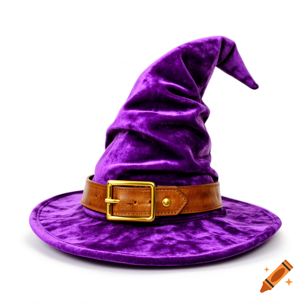 A crushed purple velvet witch's hat with a brown leather belt and gold buckle on a white background.