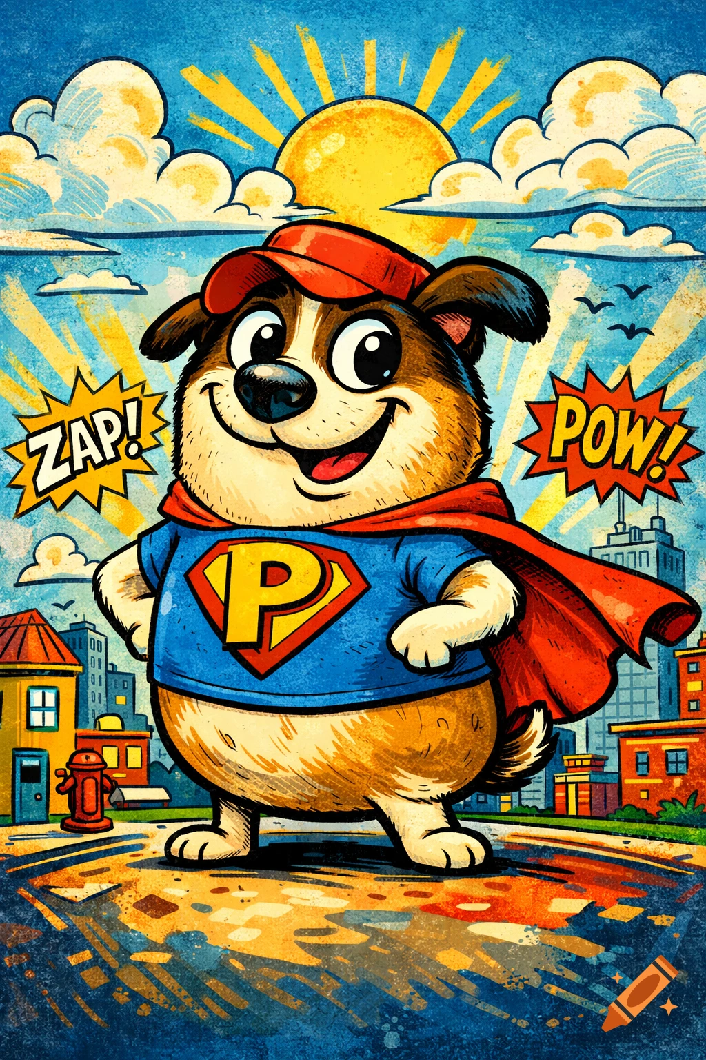A cartoon superhero dog wearing a red cap, blue shirt with a yellow P, and a red cape, with "ZAP!" and "POW!" speech bubbles, in a city.