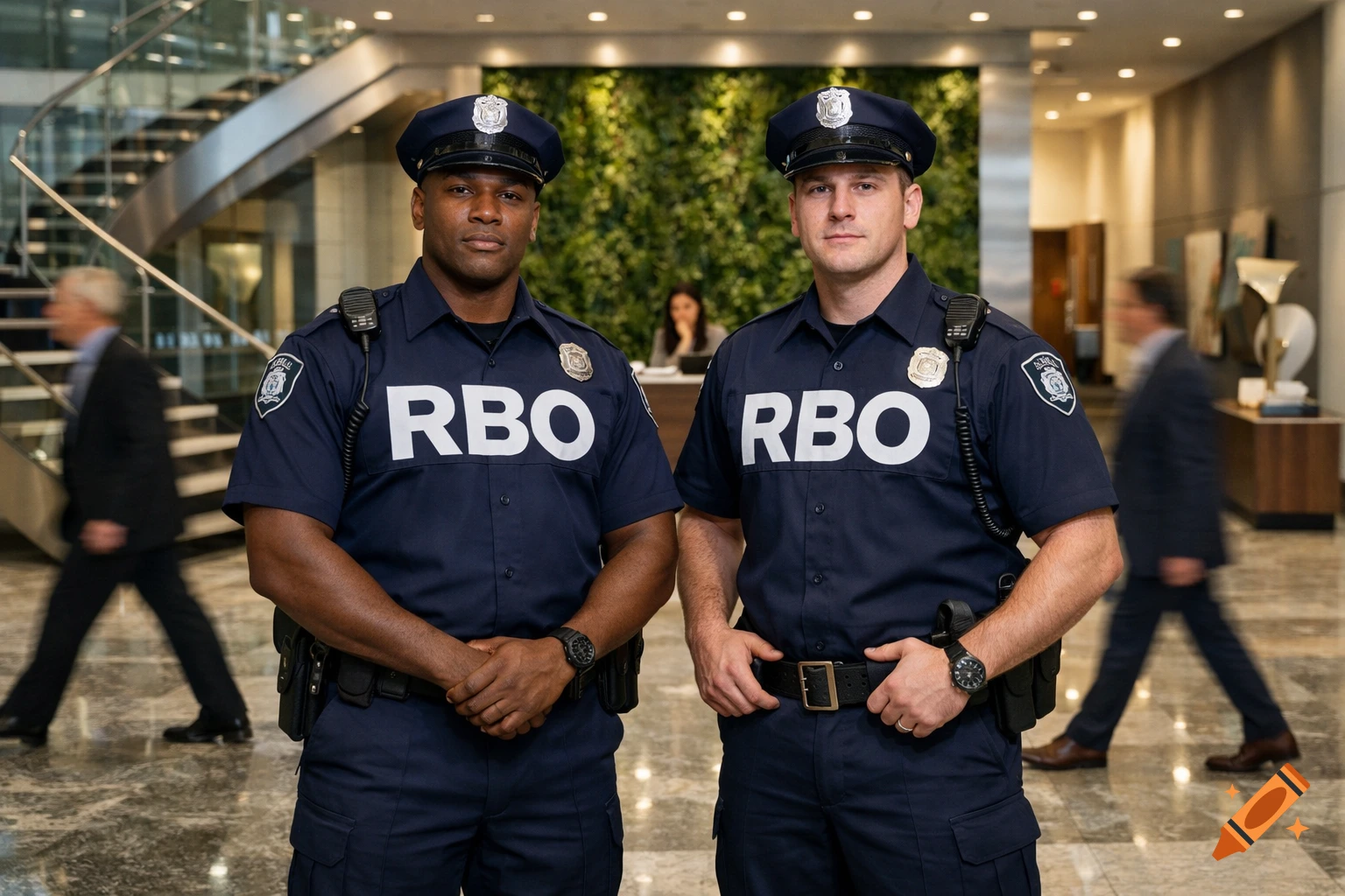 Two security guards in navy uniforms with 'RBO' on their shirts stand in a modern corporate lobby.