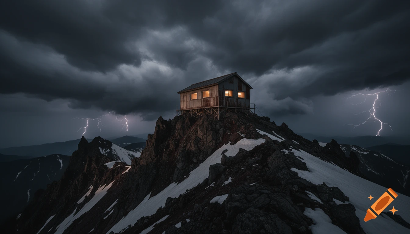 A lone wooden hut with glowing windows on a rocky, snowy mountain peak under dark, stormy skies with lightning.