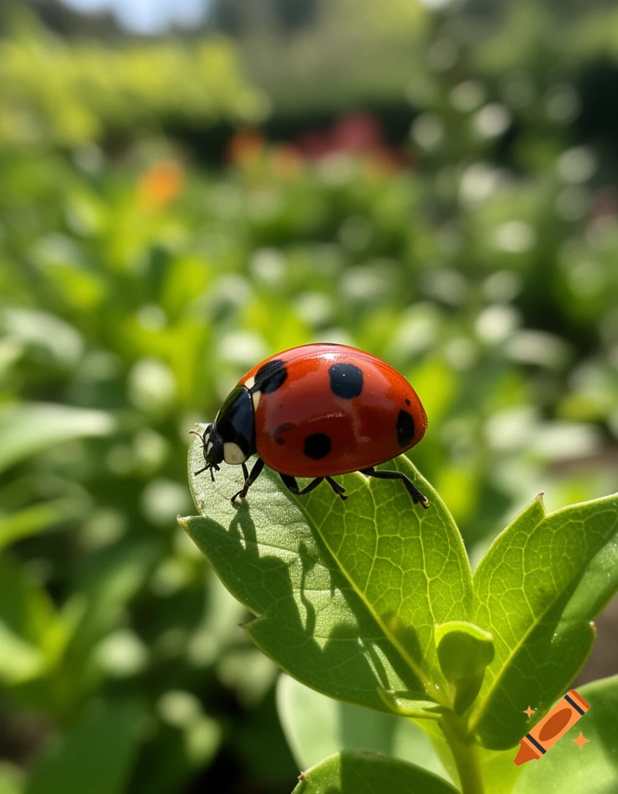A close-up of a red and black spotted ladybug on a green leaf, with a blurred green background.