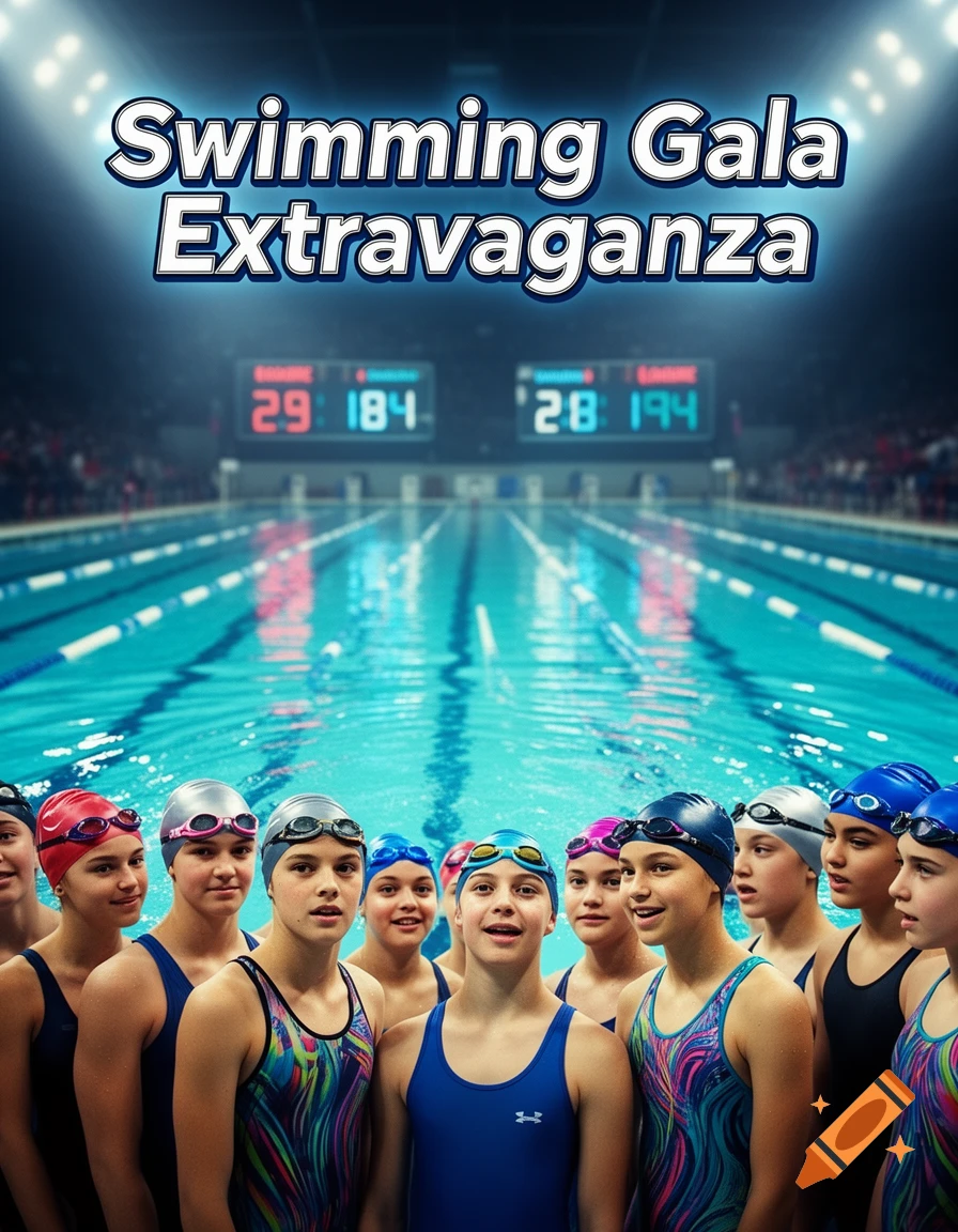 A group of young female swimmers in a pool under a large title 'Swimming Gala Extravaganza', photorealistic.