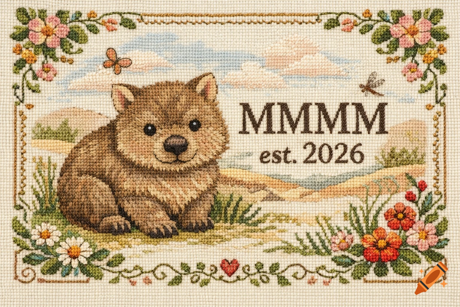 A detailed cross-stitch design features a cute brown wombat, surrounded by flowers and butterflies, with the text 'MMMM est. 2026'.