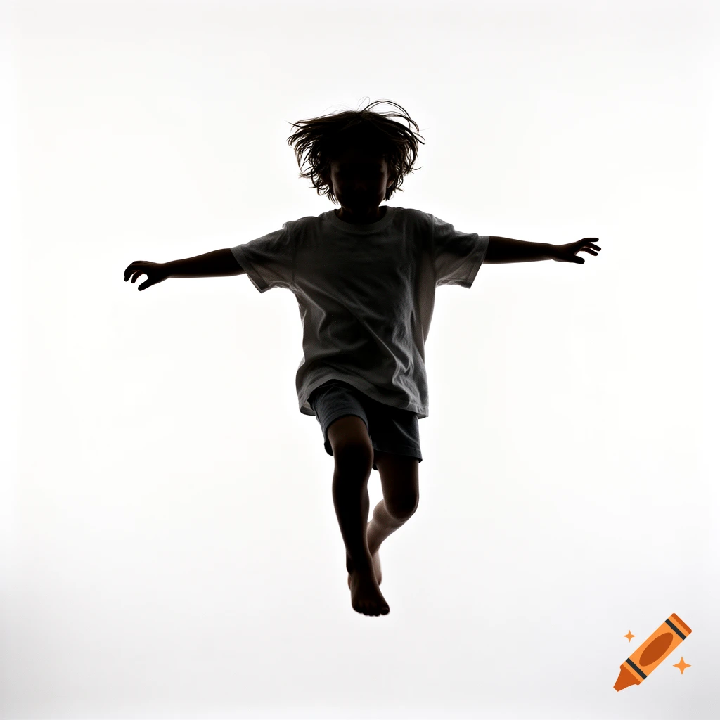 A silhouetted child with messy hair jumps joyfully, arms outstretched, against a bright white background.