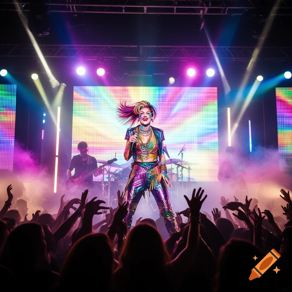 A vibrant singer in a colorful, metallic outfit performs on stage under bright spotlights for a cheering crowd.