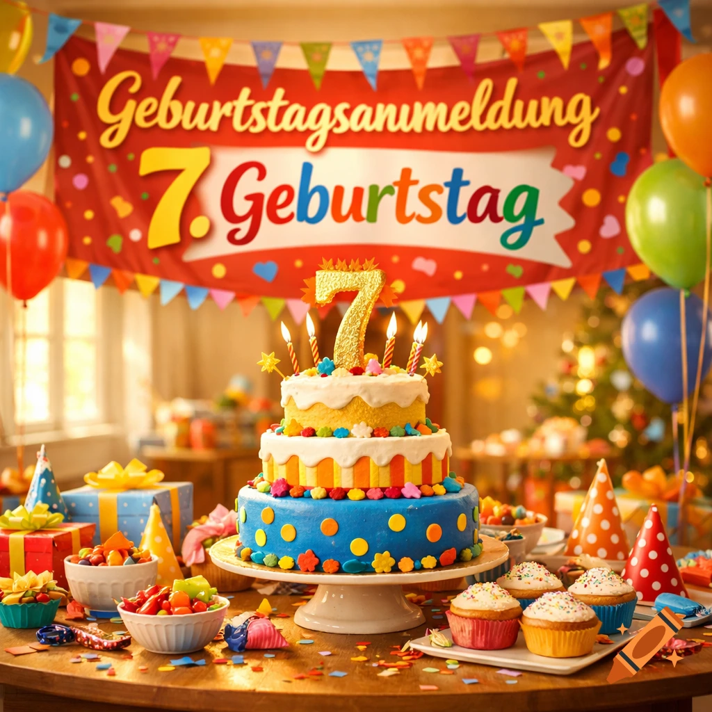 A colorful birthday party table with a three-tier cake, '7' candle, gifts, balloons, and a banner reading 'Geburtstagsanmeldung 7. Geburtstag'.