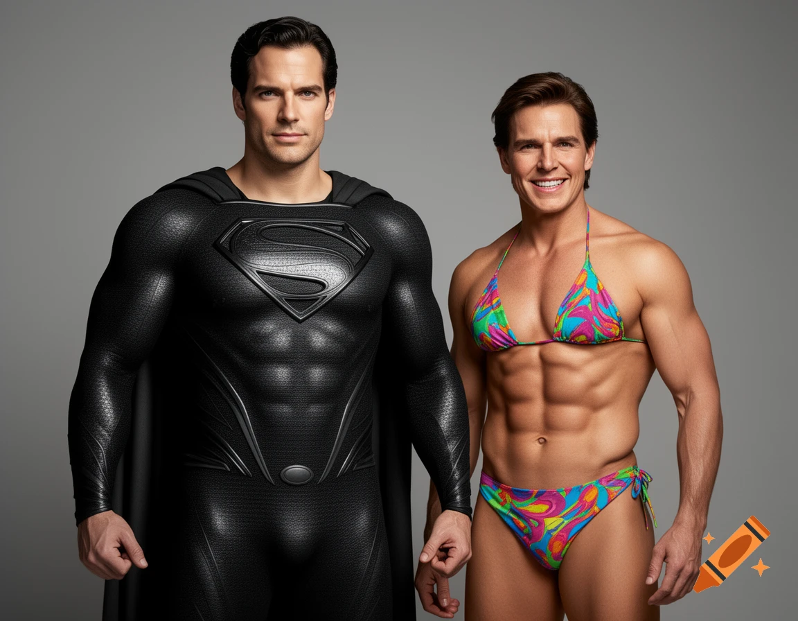 Henry Cavill as Superman in a black suit standing next to Tom Cruise in a colorful bikini against a grey background.