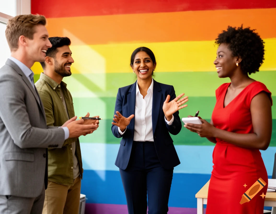 A diverse group of four smiling people, a manager presenting to her team, standing in front of a vibrant rainbow-striped wall.