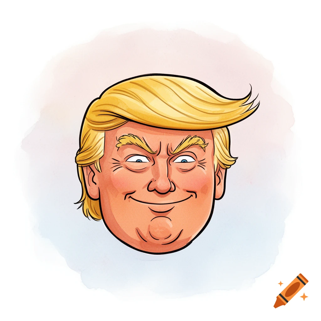 Cartoon caricature of Donald Trump's head with blonde hair and a smirking expression.