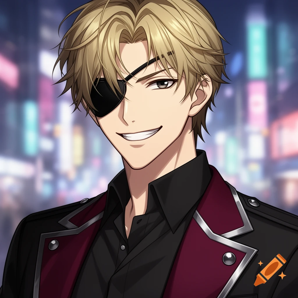 Anime-style portrait of a grinning boy with dark blonde hair and a black eye patch, wearing a black and red jacket, against a blurry city background.