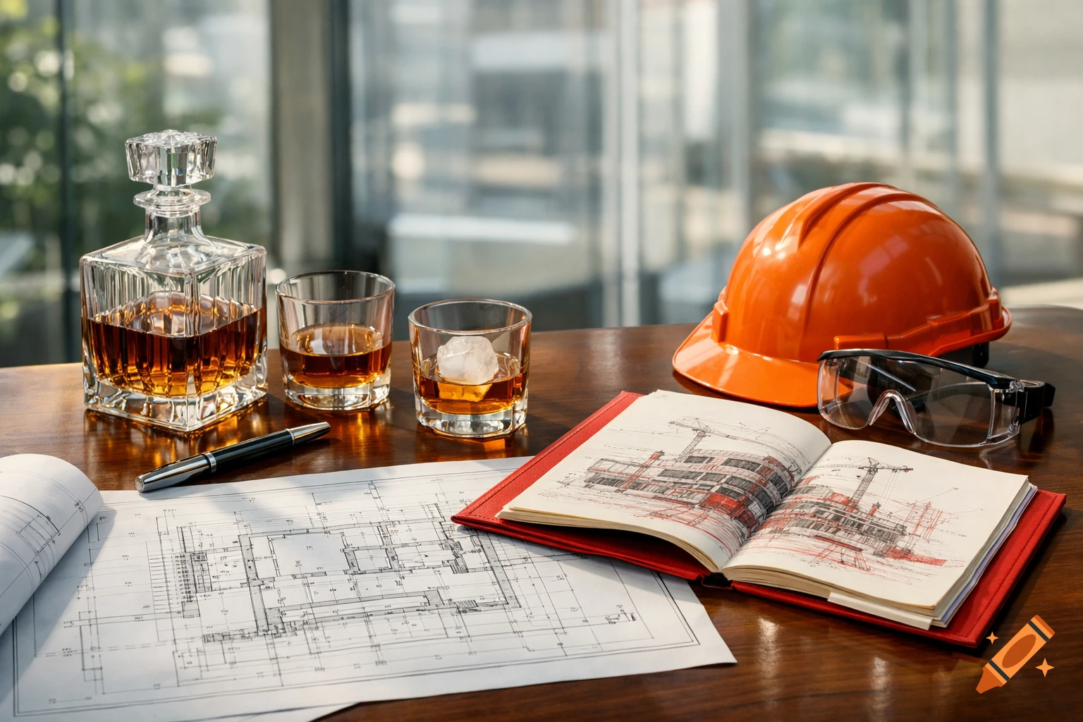 A construction manager's desk with architectural plans, a hard hat, safety glasses, a pen, a decanter, and two glasses of whiskey.