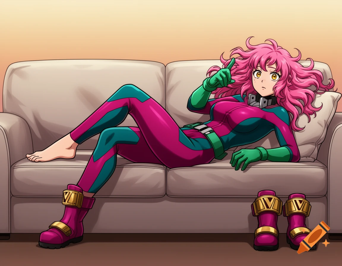Anime girl Mina Ashido with pink hair, in a colorful costume, lies barefoot on a sofa and points, her boots on the floor.