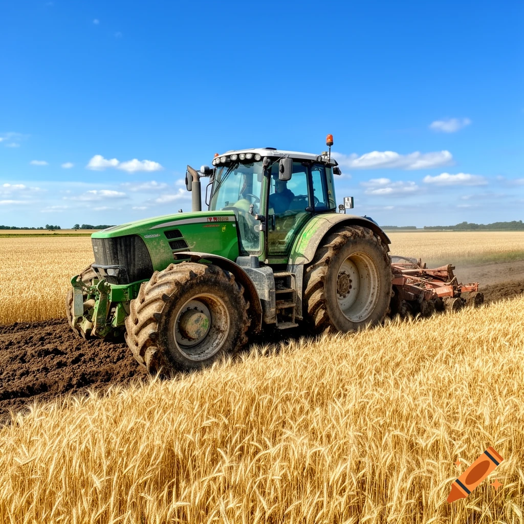 A green tractor plows through a golden wheat field under a blue sky with scattered clouds, creating rows of dark soil.