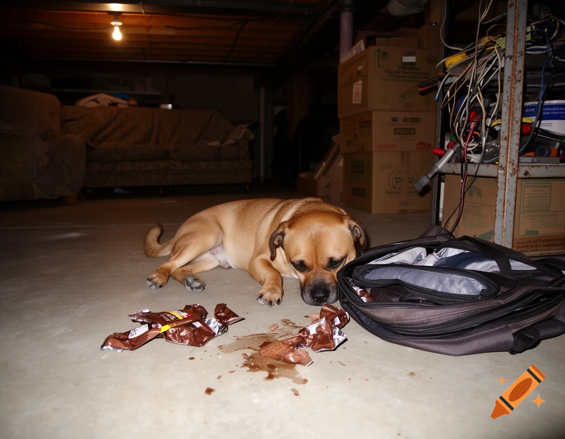 A tan dog lies on a concrete basement floor next to a messy, torn chocolate wrapper and an open black backpack.