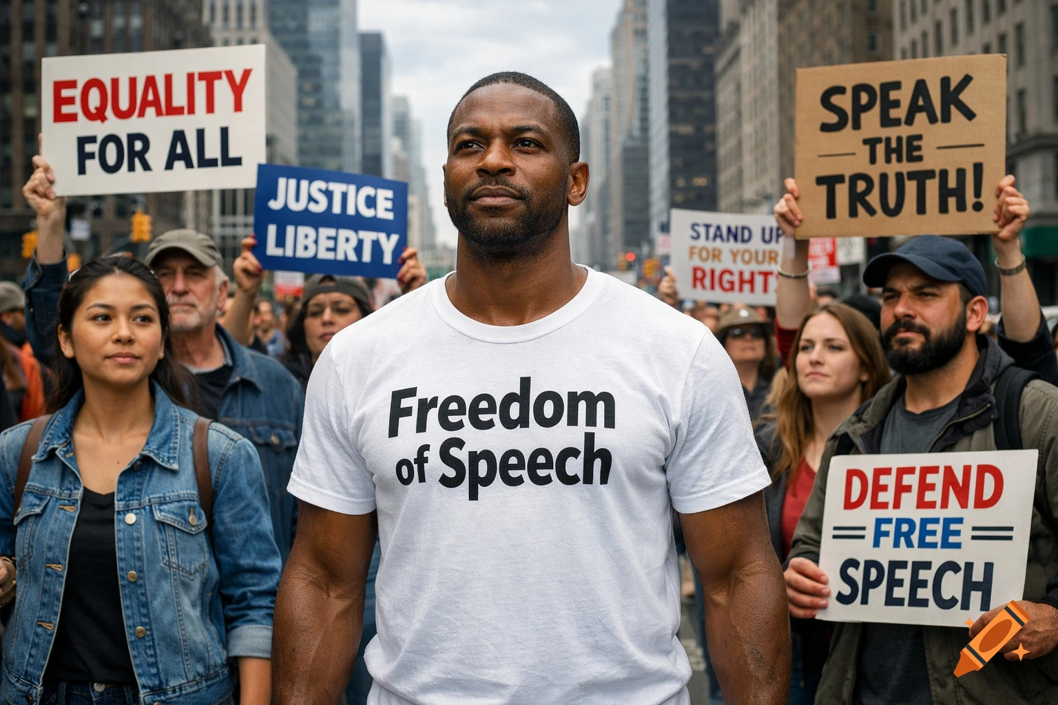 A Black man in a 'Freedom of Speech' shirt stands among diverse protestors holding signs in a city.
