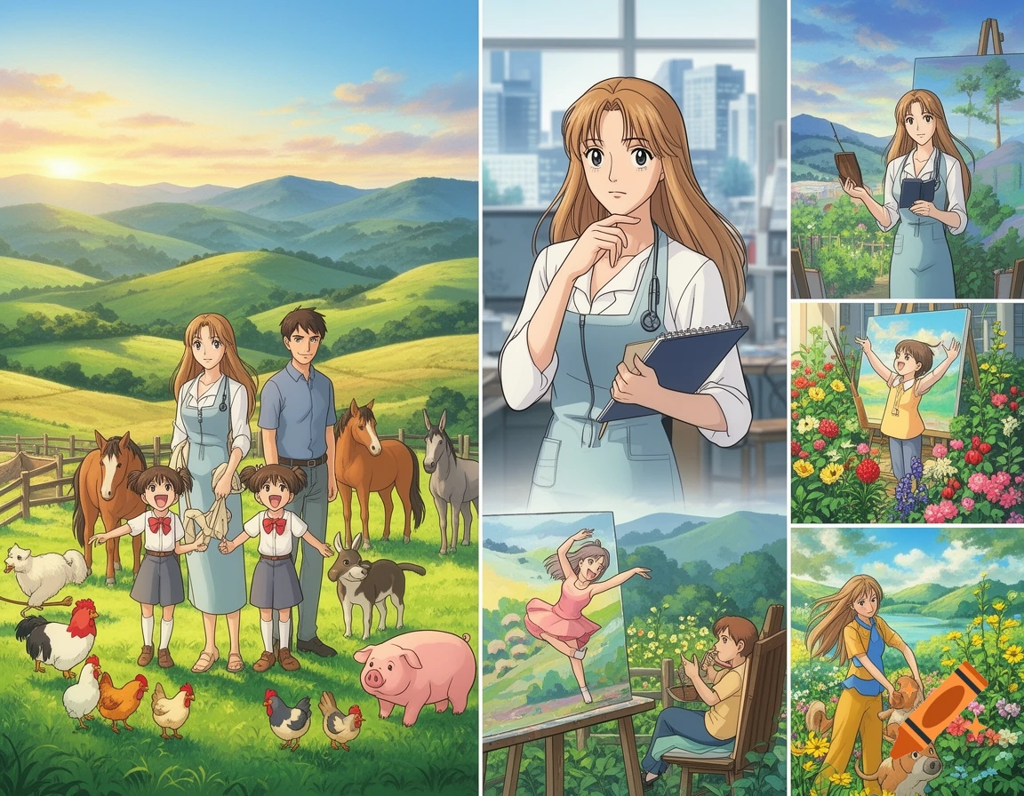 An anime-style collage depicting a woman's life, showing her on a farm with family and animals, as a professional, and enjoying creative hobbies.