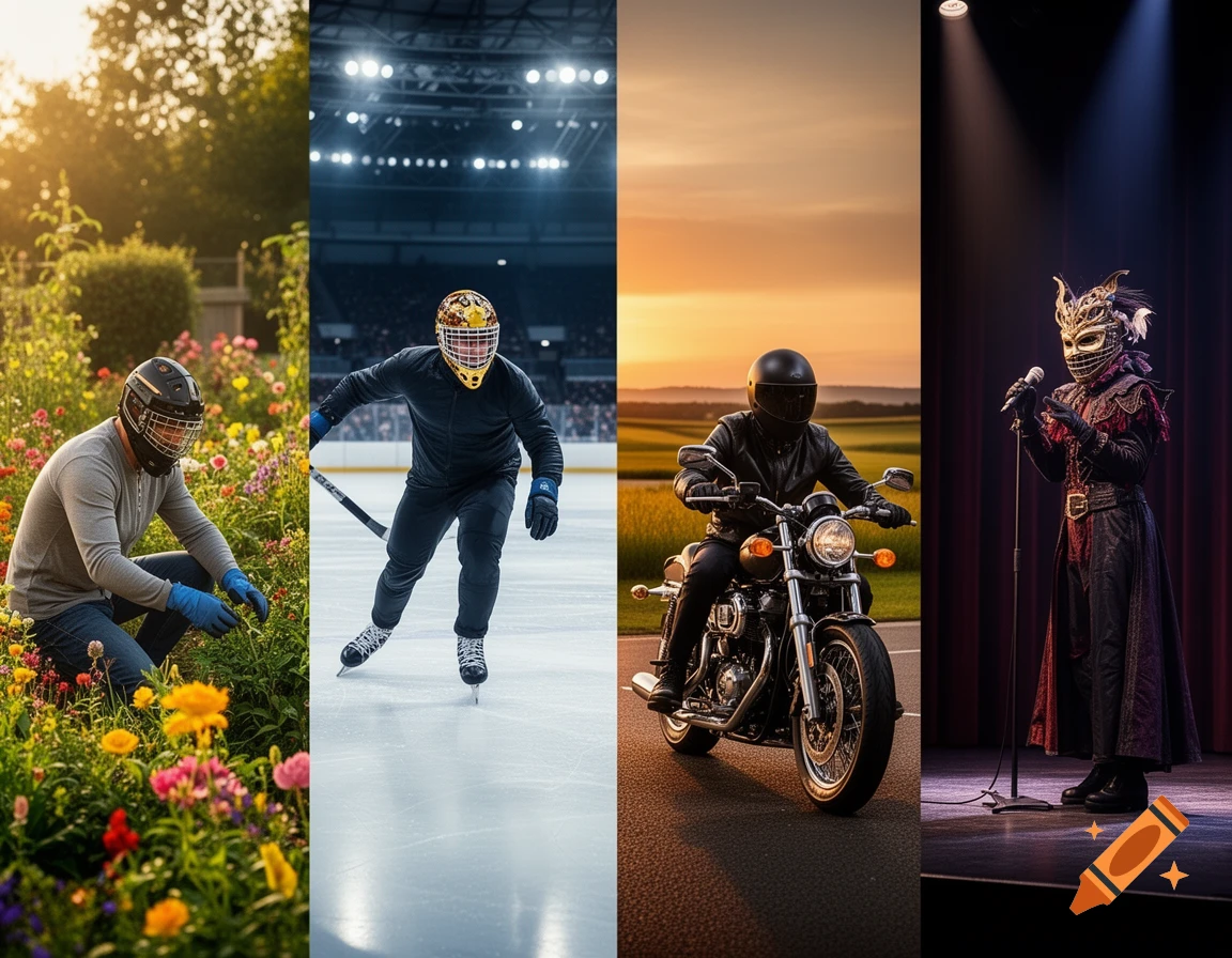 A four-panel collage featuring masked individuals: one gardening, one playing ice hockey, one riding a motorcycle, and one singing on stage in an elaborate costume.
