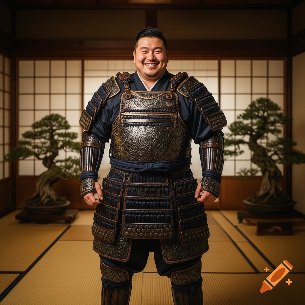 A smiling man in detailed samurai armor stands in a traditional Japanese room with bonsai trees.