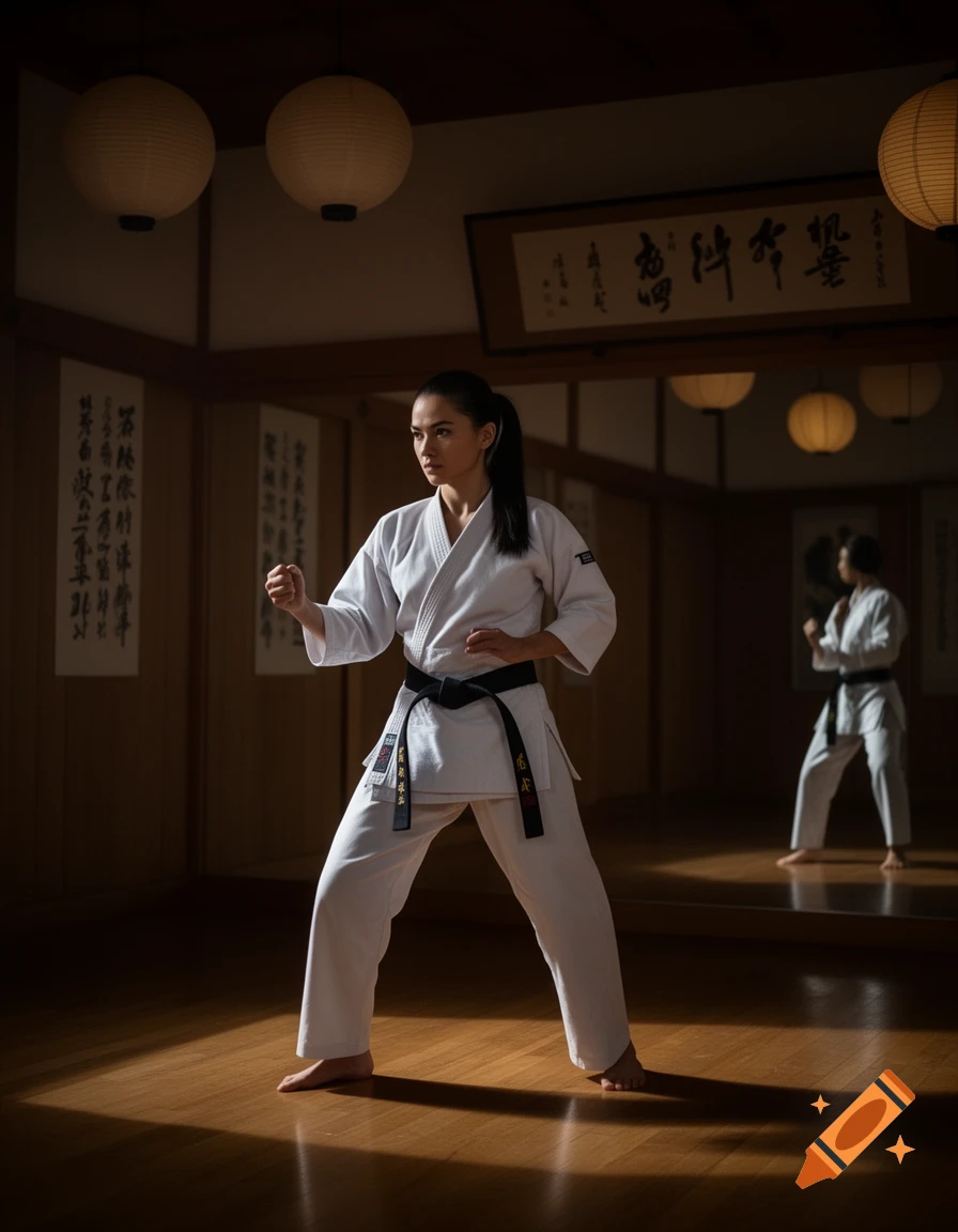 A woman in a white karate gi and black belt stands in a fighting stance on a wooden floor in a dimly lit dojo, with her reflection visible in a mirror.