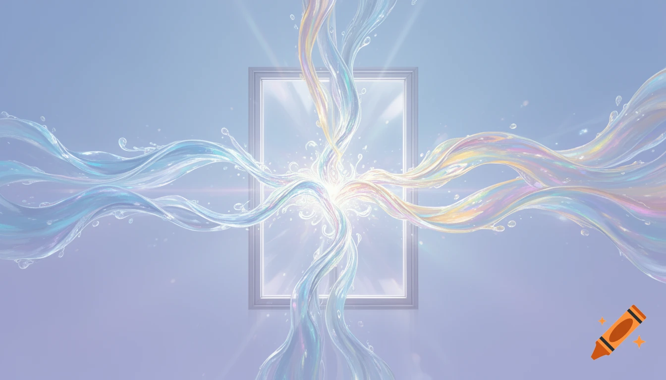 Luminescent, iridescent water or light streams flow into and out of a central square frame against a soft blue background, creating a symmetrical pattern.