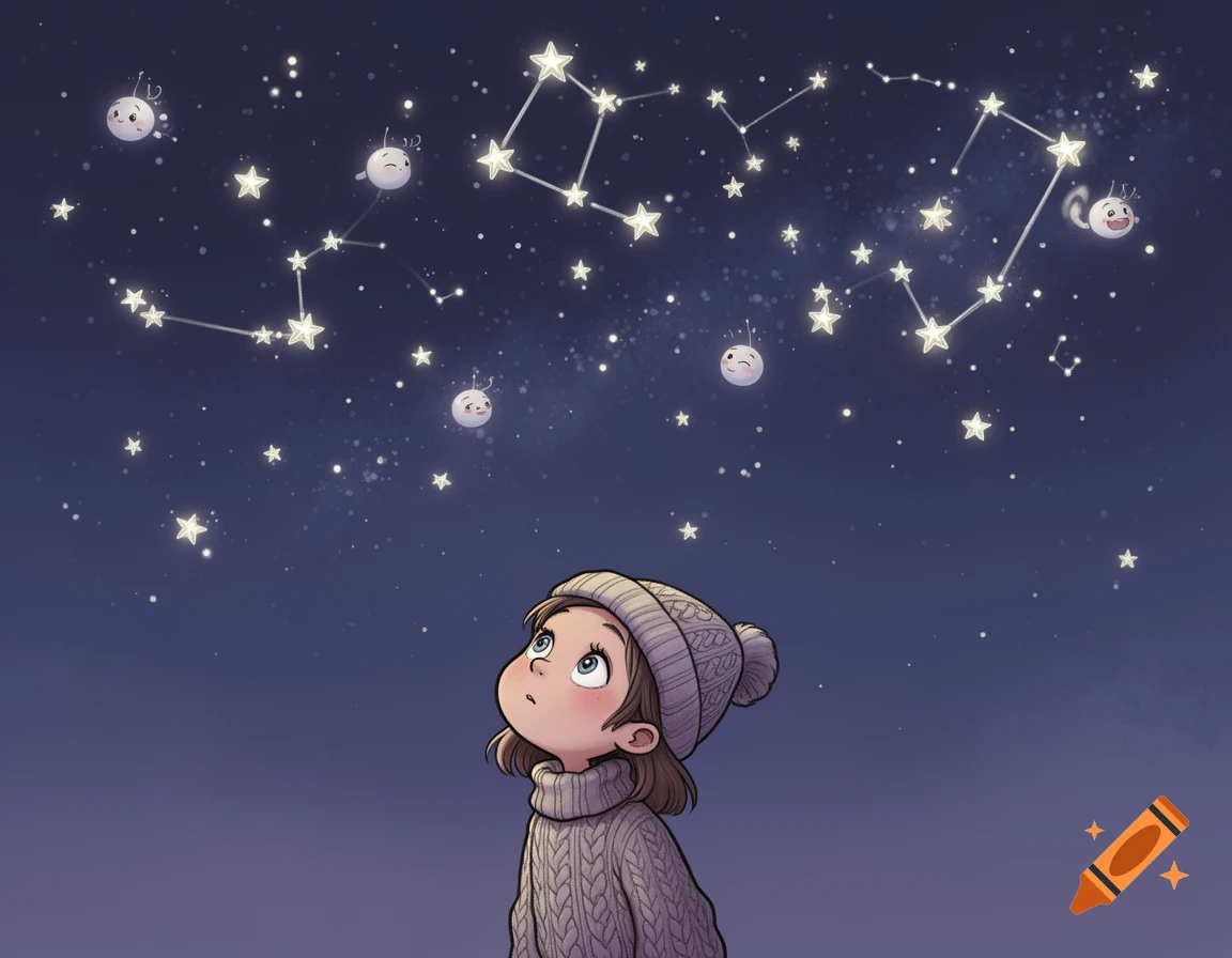 Cartoon girl in a knitted hat and sweater looking up at a dark night sky filled with bright star constellations and winking, moon-like creatures.