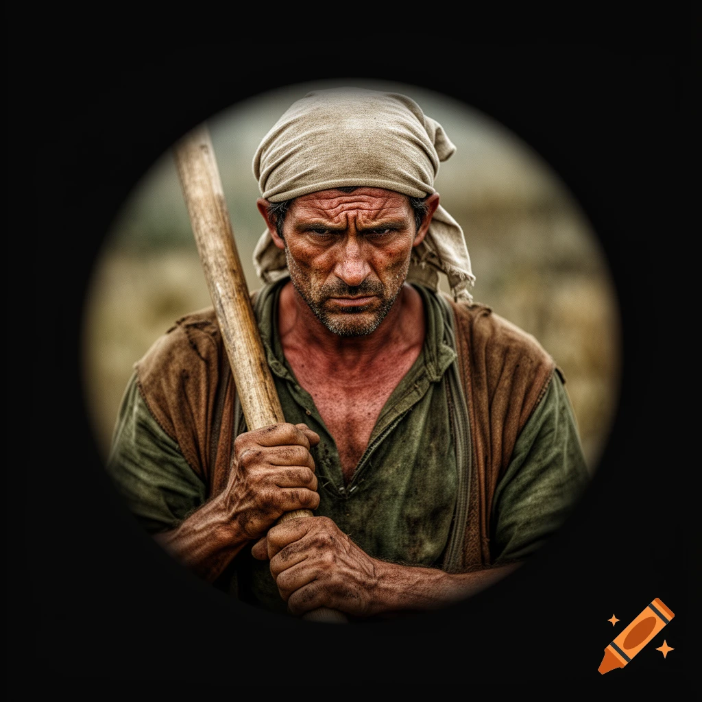 A close-up, dramatic portrait of a stern-faced man wearing a headscarf and dirty clothes, holding a wooden staff, looking directly forward.