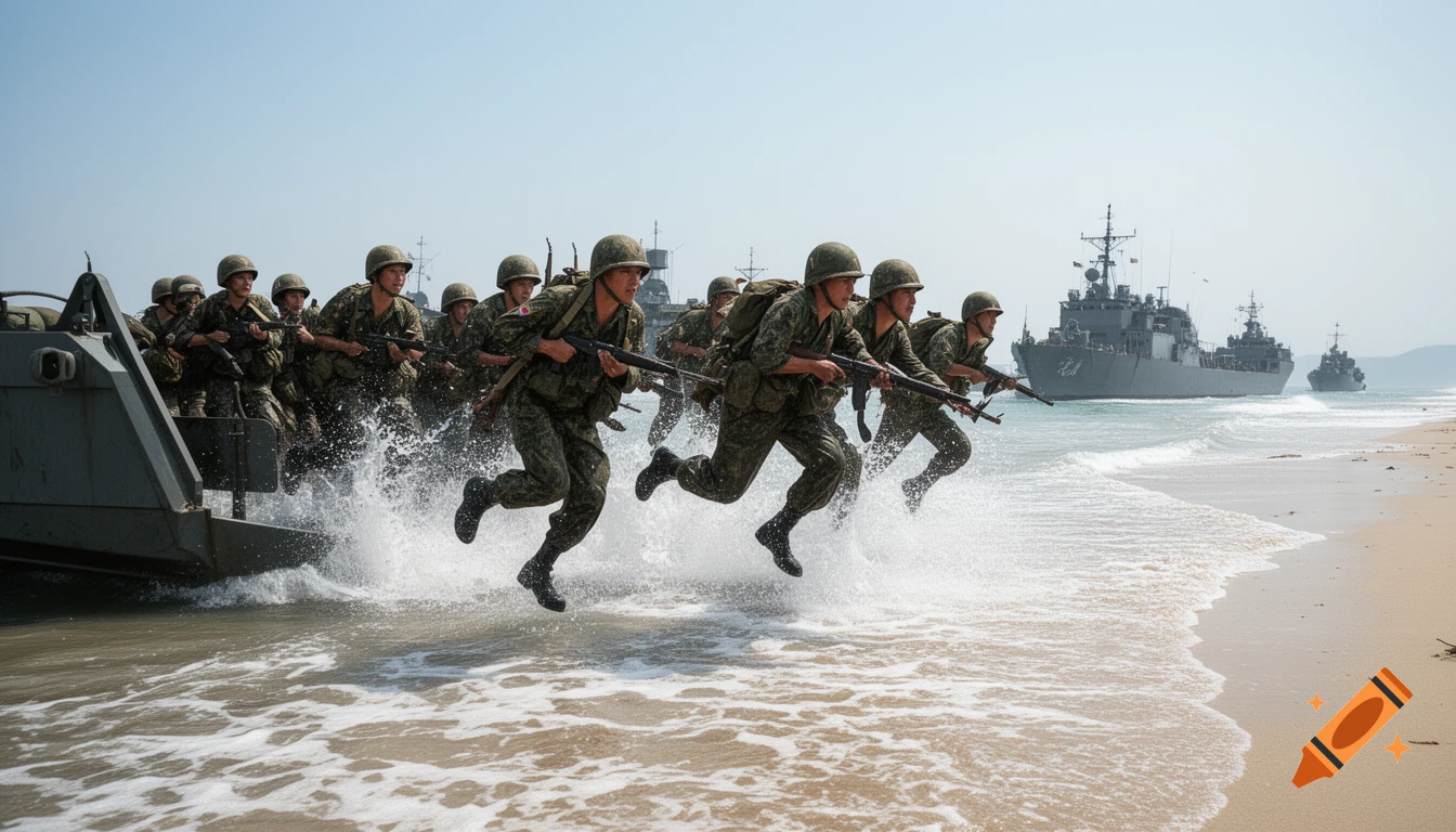 Photorealistic image of soldiers leaping from a landing craft into shallow water towards a beach, with warships in the background.