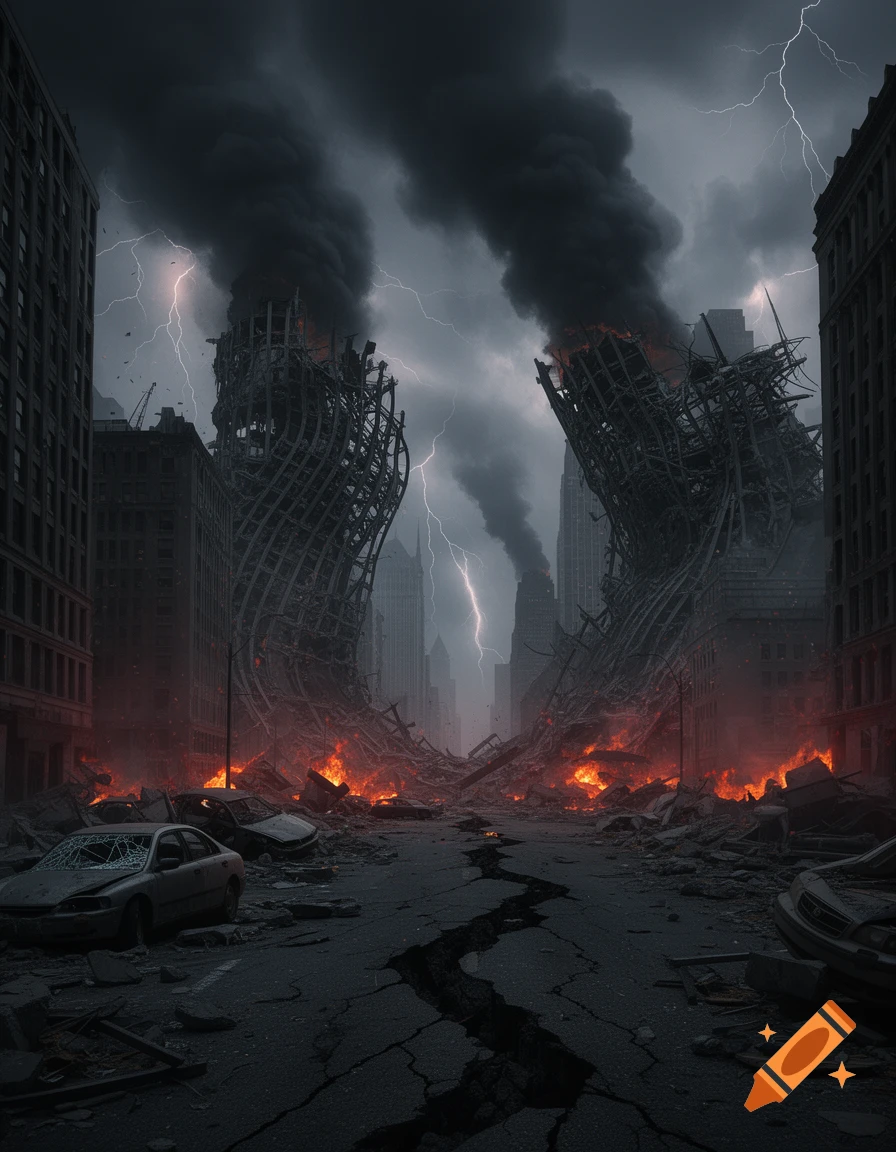 A dark, destroyed city street with cracked pavement leads to burning, twisted skyscraper ruins under a lightning-filled, smoky sky.