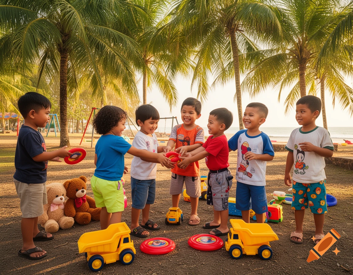 A group of happy Filipino children playing with toy trucks and frisbees outdoors under palm trees near the beach.