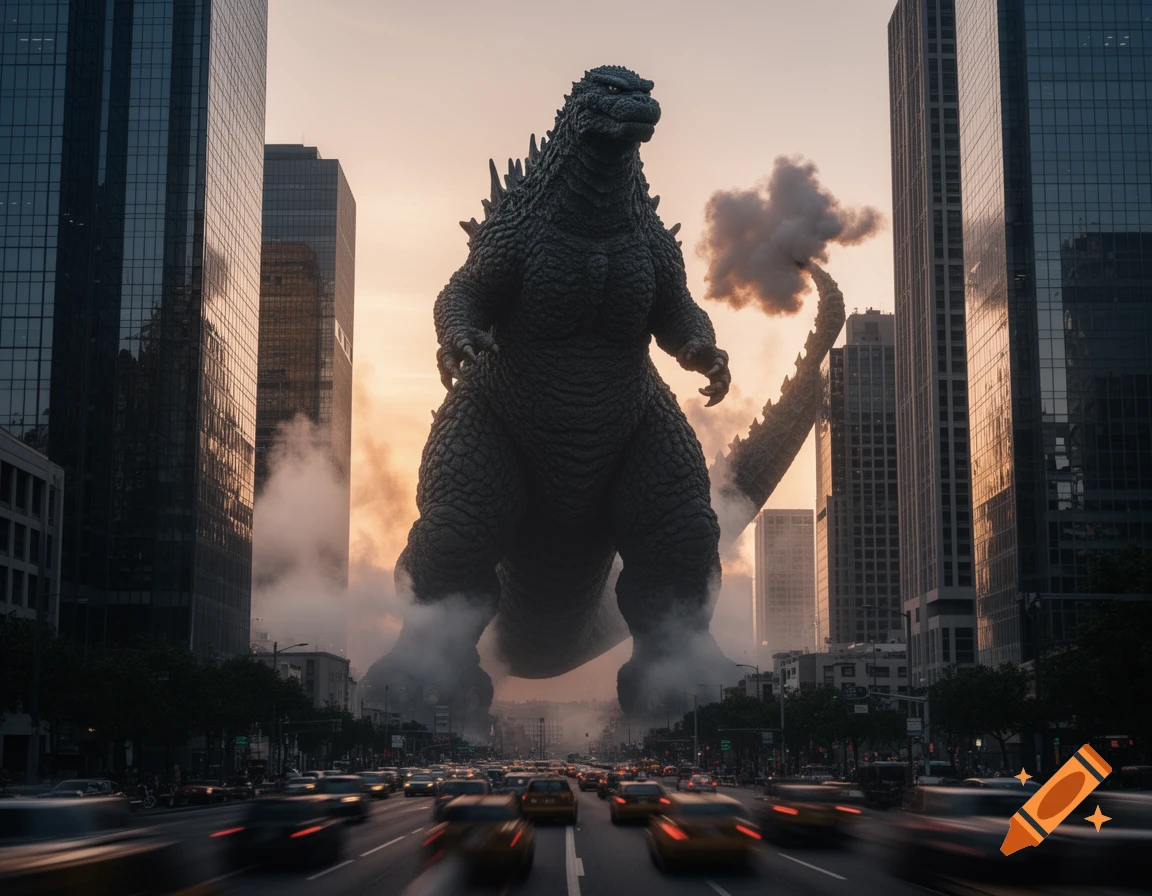 A giant Godzilla stands amidst a city at dusk, exhaling a cloud of smoke from its tail as cars speed by.