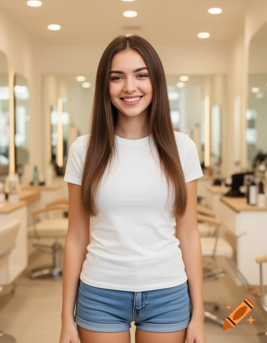 A smiling young woman with long brown hair, wearing a white t-shirt and jean shorts, stands in a brightly lit salon.