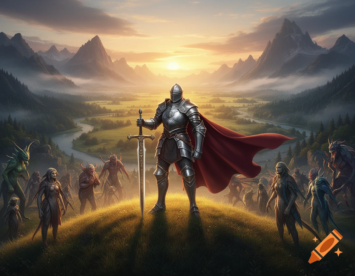 A knight in shining armor stands on a grassy hill, holding a sword, overlooking a vast valley and mountains at sunset, surrounded by various fantasy creatures.