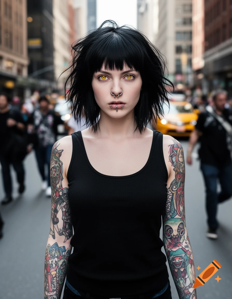 Photorealistic portrait of a woman with black wolf cut, yellow eyes, facial piercings, and full tattoo sleeves, standing on a city street.