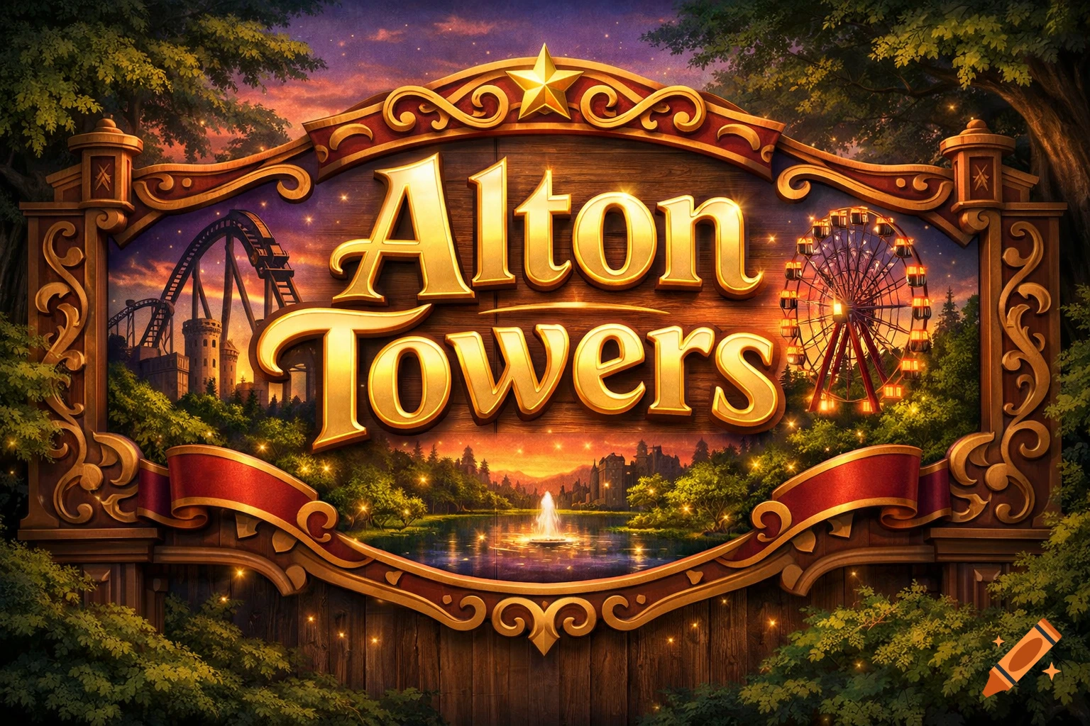 An ornate, golden "Alton Towers" sign framed by trees, with a roller coaster, castle, Ferris wheel, and a lake visible in the stylized sunset background.